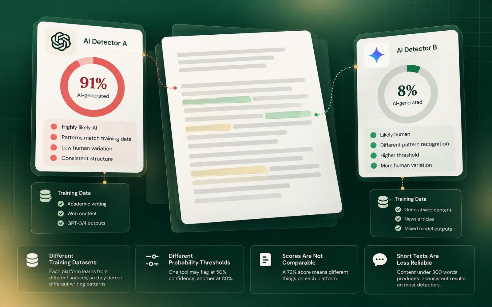 Two AI detectors scoring the same document 91% and 8% AI-generated, with the different training data and probability thresholds behind each verdict